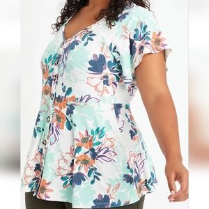 Torrid Ribbed Floral Short Sleeve Top Size 4 Or 4X